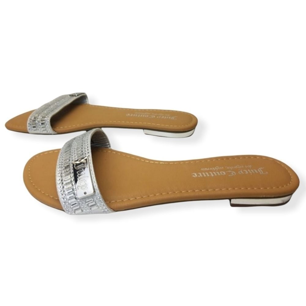 JUICY‎ COUTURE "Zippie" Silver Mirrored Jewel Embelished Thong Sandals Sz 7 NWOT